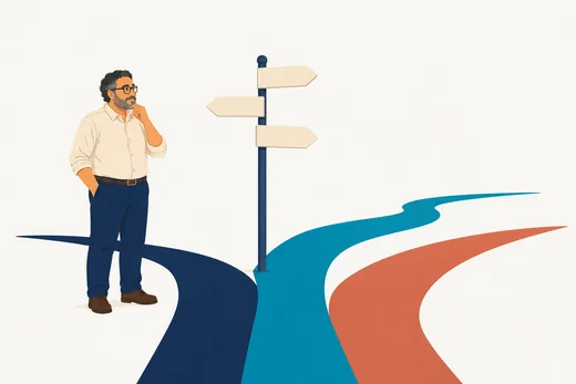 A man pausing at a signpost where three paths diverge, choosing which one to take